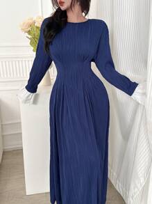 Modelyn Women's Elegant Long Dress, Round Neck Contrast Color Flare Sleeve - Blue - View 3