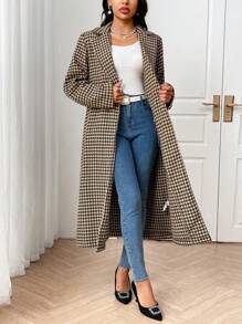 Seusyu 女士千鸟格撞色领长袖休闲长款外套，秋冬款 - 彩色 - 查看 6