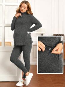 SHEIN 2pcs Pregnant Women Casual Solid Color Turtleneck Long Sleeve Top And Long Pants Set, Autumn/Winter - Dark Grey - View 6