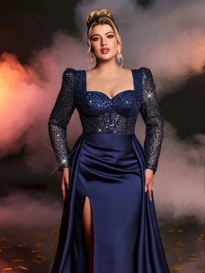 Glamrae Plus Size Elegant Navy Blue Luxurious Sequin Panel Satin Sheer Long Sleeve Front Bust Cup Mermaid Silhouette Side High Split Back Train Glamorous Evening Gown Wedding Guest Dress - Elegant Floor Length Gown For Formal Occasion