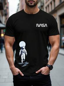 Manfinity Homme Men Astronaut & Letter Graphic Short Sleeve Tee, Casual, For Going Out - Black - View 1