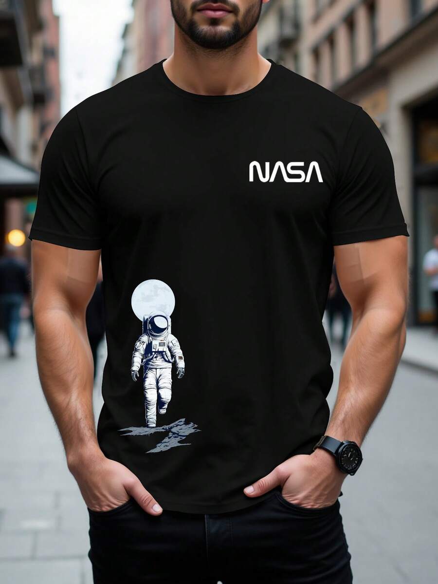 Manfinity Homme Camiseta de manga corta con gráfico de astronauta y letras, informal, para salir - Negro - Ver 1