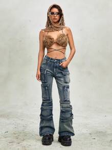 ROMWE Grunge Punk Distressed Flare Leg Women's Jeans, Street Punk Apocalyptic Style