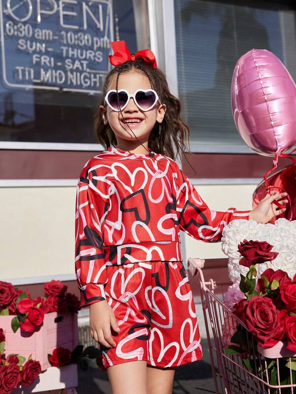 2pcs/Set Girl's Round Neck Long Sleeve Sparkling Heart Pattern Sweatshirt & Shorts Set, Cute & Unique Design Suitable For School, Travel, Valentine's Day, New Year And All Seasons