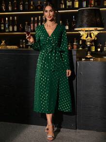 SHEIN Clasi Holiday ClothesWomen's Elegant Floral Print Surplice Neck Lantern Sleeve Belted Dress, Party Style Sequin Dress