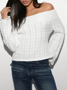SHEIN Unity 1pc Women's White Off Shoulder Textured Knit Fitted Flare Sleeve Sweater, Casual & Stylish For Autumn/Winter Knit Pullover Fall Sweater - White - View 4