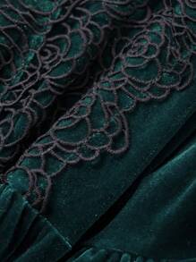 DAZY Women's Solid Color Velvet Lace Patchwork V-Neck Long Nightgown Pajama - Dark Green - View 6