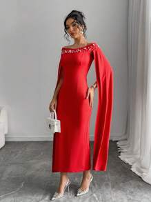 Chiquease Women's Sexy Off Shoulder Bodycon Pearl Embellished Cocktail Party Dress