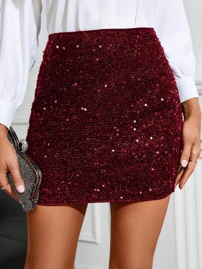 SHEIN Clasi تنورة قصيرة أنيقة للنساء ذات لون أحادي مزينة بالترتر واللمعان