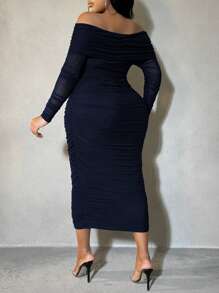 SHEIN SXY Plus Size Women's Solid Color Ruffle Off Shoulder Long Sleeve Fitted Elegant Dress - Navy Blue - View 2