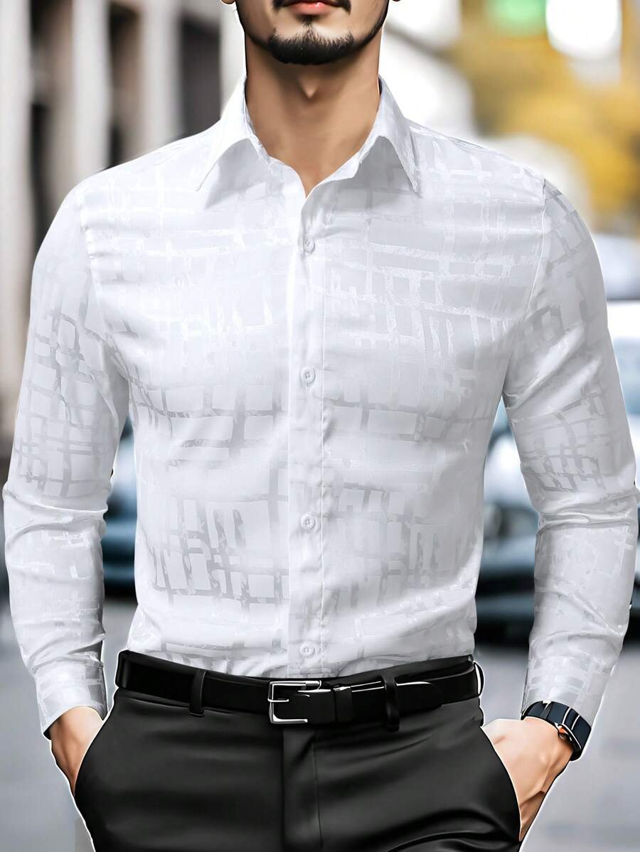 Manfinity Mode Men's Front Button Long Sleeve Casual Shirt, Daily Wear Men's Casual Dress Shirts Men Business Casual Shirts Shirts For Men Shirts - White - View 1