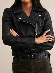 SHEIN Essnce Lapel Collar Belted Zip Up PU Biker Jacket - Black - View 3