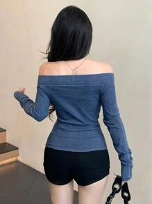 DAZY Women's Off-Shoulder Long Sleeve Simple Denim Casual Blouse, Daily Wear,Fall Clothes