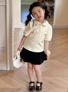 DAZY Young Girl Cute Collar Short Sleeve Knit T-Shirt,Girls Summer Outfits - Beige - View 2