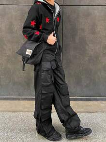 SHEIN Manfinity Dauomo 男士秋冬落肩长袖连帽卫衣配红色五角星拉链