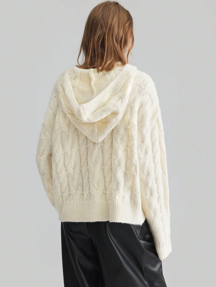 Women's Twist Hooded Loose Long Sleeve Winter Sweater,Off-White,Autumn,Casual,Everyday Comfortable Warm Yarn Design,Christmas New Year Elegant Wear
