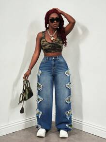 Slaydiva Women's Jeans Camouflage Fit Straight Leg Pants Stitching Camo Cargo Women Pants Low Rise Jeans Y2k Clothes Petite Women Y2k Pants Baggy Women Jeans Low Rise Baggy Jeans Street Wear Women Street Wear Women Ripped Women Jeans Cargo Women Pants Baggy Women Jeans