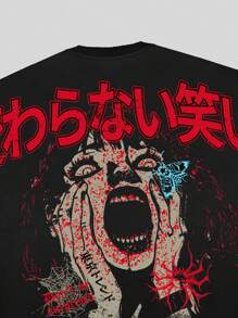 ROMWE MEN Men's Loose Cropped Anime Character Printed Short Sleeve T-Shirt - Black - View 4