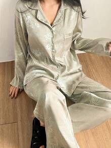 DAZY Chinese Style Bamboo Pattern Jacquard Satin Pajama Set, Fall Clothes - Grey - View 4