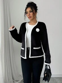 Elenzga Chaqueta elegante de mujer con cuello en V y apliques florales