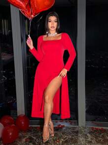 Allurite Vestido elegante retro y romántico de cuello cuadrado rojo, de talla grande, con mangas largas acampanadas y abertura lateral, adecuado para Navidad, San Valentín, vacaciones, fiestas, cumpleaños