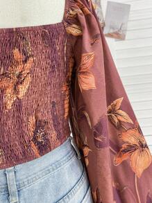 Soleia Plus Size Women's Retro Renaissance Style Brown Boat Neck Lantern Sleeve Cropped Blouse