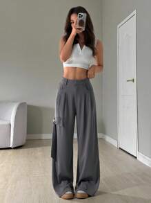 SHEIN EZwear 女士休闲纯色蝴蝶结装饰阔腿西装裤 - 灰色 - 查看 6