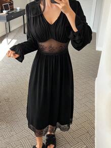 DAZY V-Neck Knit Fabric Sheer Mesh Lace Patchwork Ruffle Sleeve Nightgown Pajama, Fall, Winter - Black - View 7