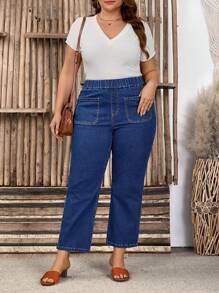 Plus Size Women Elastic Waist Double Pockets Straight Leg Casual Jeans - Dark Wash - View 3