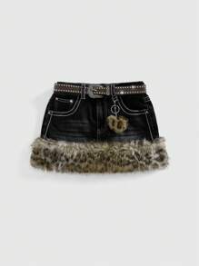 ROMWE Kawaii Y2K Gyaru 复古豹纹蓬松下摆女式迷你低腰半身裙 配腰带配饰 - 黑色 - 查看 5