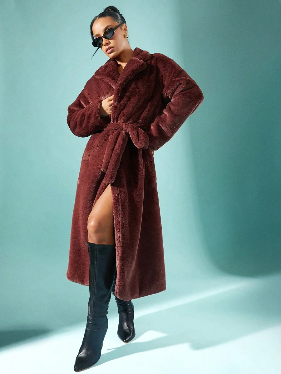 SHEIN Unity Women Fluffy Coats - Burgundy - View 1