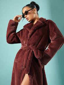 SHEIN Unity Women Fluffy Coats - Burgundy - View 6