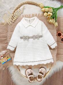 SHEIN Baby Girls Adorable Peter Pan Collar Sweater Dress, Decorated With 3D Bow, Casual Style, Perfect For Daily Wear Or Vacation