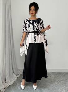 Elenzga Positioning Print Batwing Sleeve Shirt Mermaid Dress Elegant Women 2Pcs Set - Multicolor - View 4