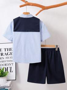 3-Piece Tween Boy Casual Shawl Collar Mid-Sleeve Striped Shirt & Solid Shorts Set, Korean/Japanese Style