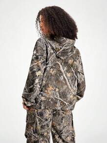 SHEIN EZwear Women's Autumn/Winter Outdoor Casual Hooded Branch Print Loose Stand Collar Jacket - Multicolor - View 3