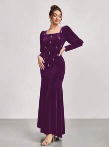SHEIN Belle Rhinestone Embellished Velvet Long Sleeve Mermaid Dress, New Arrival Stage/Banquet/Party Slimming Gown, Wedding Guest Dress