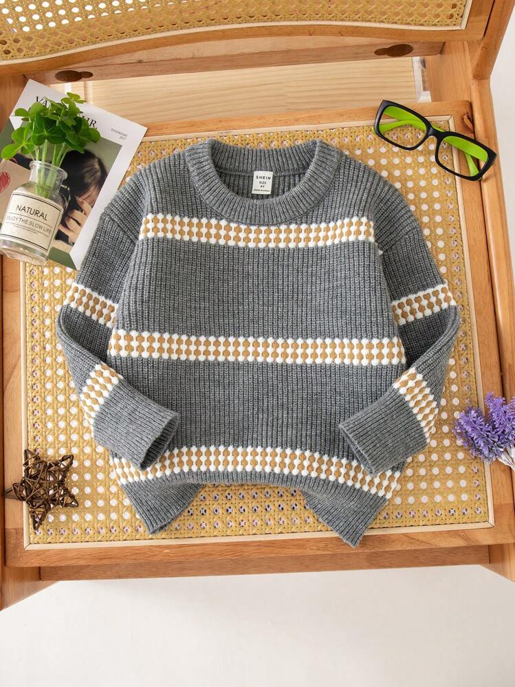 SHEIN Áo len dệt kim dài tay cổ tròn kẻ sọc thường ngày cho bé trai, mùa thu/đông - Xám - Xem 1