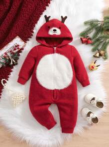 SHEIN Newborn Baby Girls' Christmas Colorblock Hooded Knit Romper For Autumn/Winter - Red - View 2