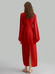 Ontre Women V-Neck Long Sleeve Irregularly Flared Sleeve Dress, Holiday Party Formal Outfit, Long Dress, Cardinal Red, Autumn/Spring - Red - View 3