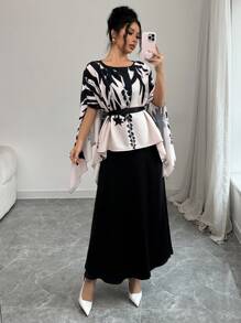 Elenzga Positioning Print Batwing Sleeve Shirt Mermaid Dress Elegant Women 2Pcs Set - Multicolor - View 3