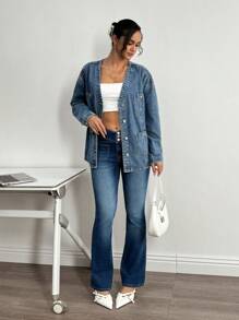 SHEIN Essnce Women's Front Button Long Sleeve Pocket Minimalist Casual Denim Jacket