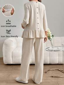 SHEIN Maternity Round Neck Ruffle Hem Sleeveless Top And Pants Two Pieces Set - Apricot - View 2