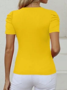 INAWLY 夏季肋紋針織泡泡袖T恤 - 黃色 - 查看 2