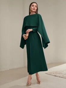 Modelyn 女士纯色圆领拼布阿巴雅长裙，优雅阿拉伯设计长款晚礼服，端庄