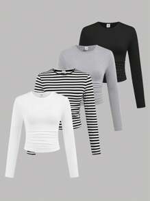 SHEIN Girlism 4pcs/Set Girls Solid & Striped Crew Neck Ruched Waist Long Sleeve Tight Fit Tops, Combo Set (Black, White, Gray) - Multicolor - View 1