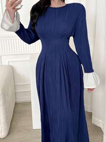 Modelyn Women's Elegant Long Dress, Round Neck Contrast Color Flare Sleeve - Blue - View 2