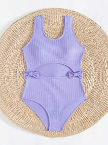 SHEIN Teen Girl's Solid Color Wide Strap Bow Decor One-Piece Swimsuit - Purple - View 4