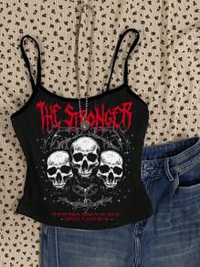 Attitoon 女士休闲性感骷髅图案吊带背心修身吊带背心，适合夏季 - 白色 - 查看 3