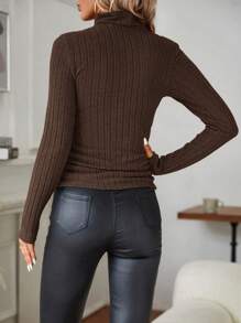 SHEIN Clasi 羊毛高领长袖修身纯色 T 恤，休闲时尚，适合日常穿着 - 摩卡棕 - 查看 2